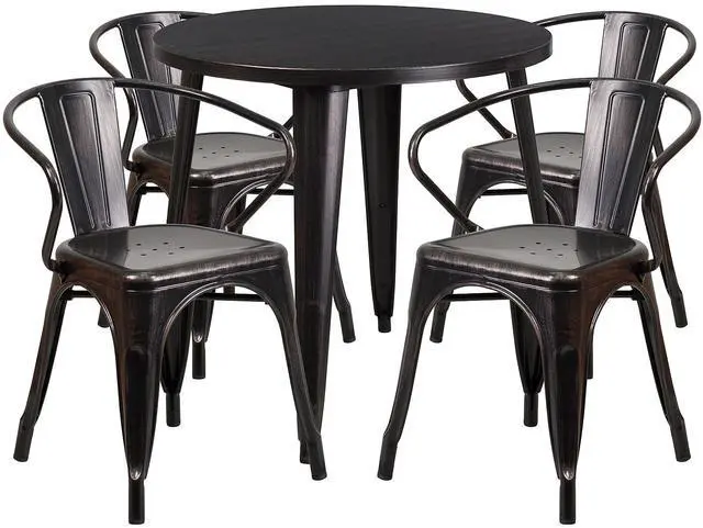 Alt view image 8 of 12 - 30'' Round Black-Antique Gold Metal Indoor-Outdoor Table Set with 4 Arm Chairs
