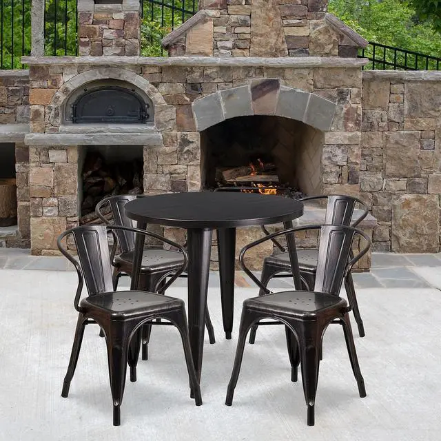 Alt view image 9 of 12 - 30'' Round Black-Antique Gold Metal Indoor-Outdoor Table Set with 4 Arm Chairs