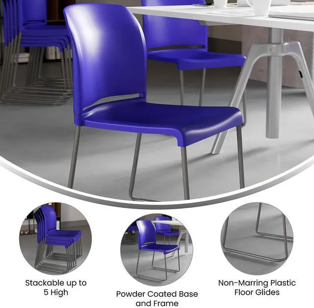Alt view image 9 of 20 - HERCULES Series 880 lb. Capacity Blue Full Back Contoured Stack Chair with Gray Powder Coated Sled Base