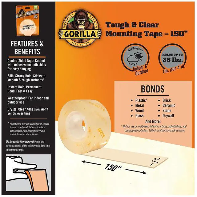 Alt view image 4 of 7 - Gorilla Tough & Clear Double-Sided Mounting Tape 1" x 150" Clear (6036002)