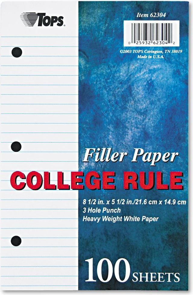 Main image of Filler Paper, 3-Hole, 5.5 x 8.5, Medium/College Rule, 100/Pack 62304