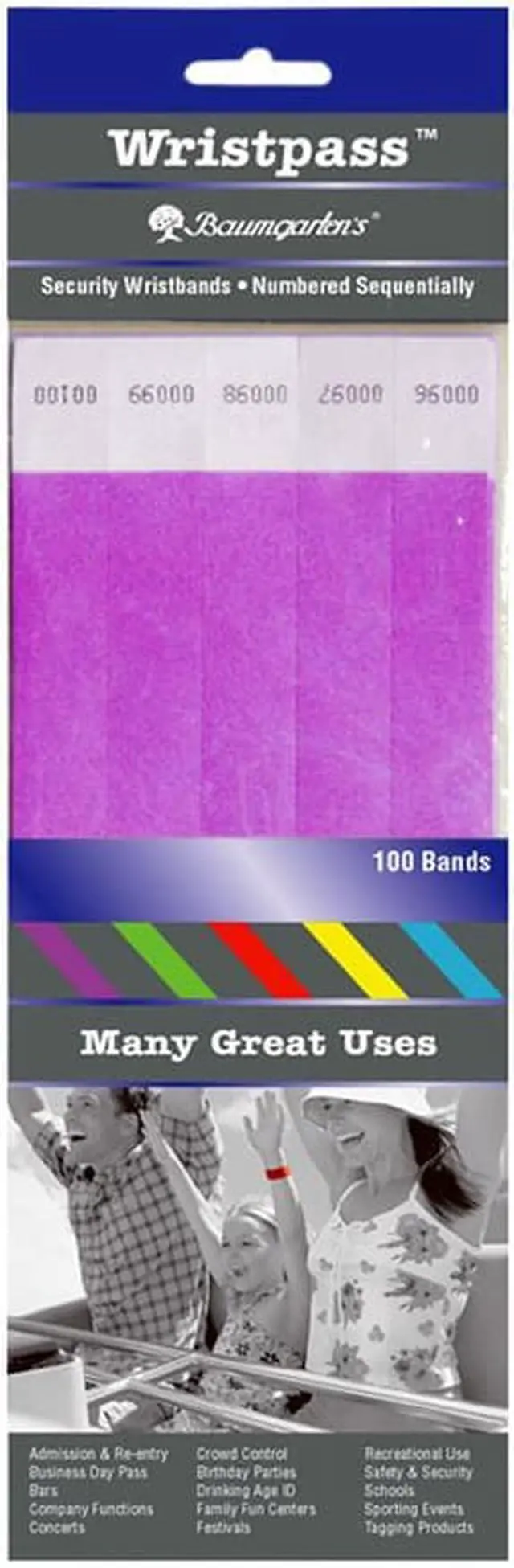 Alt view image 2 of 12 - Baumgartens BAU85014 SICURIX Wristpass Security Wristbands, 3/4" x 10", Purple, 100/Pack, 1 Pack