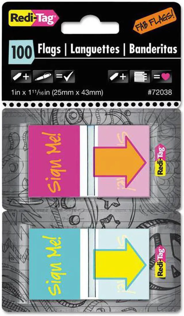 Main image of Pop-Up Fab Page Flags w/Dispenser, "Sign Me!", Red/Orange, Teal/Yellow, 100/Pack
