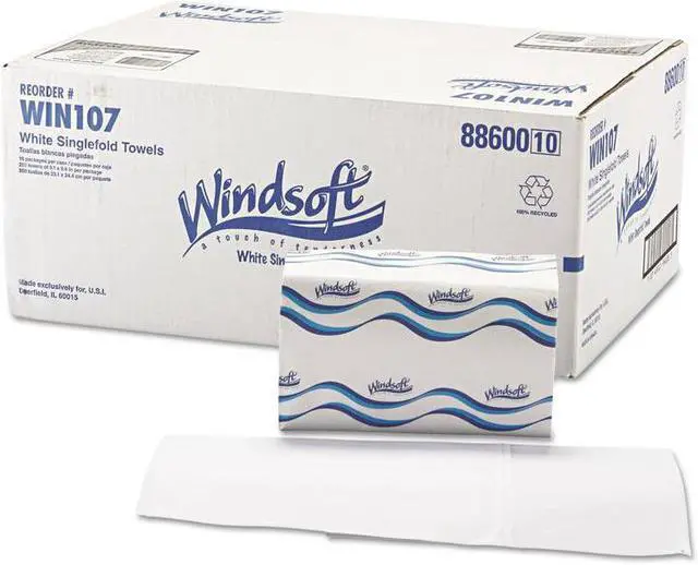 Main image of Windsoft 107 Singlefold Paper Towels, 1-Ply, 9 9/20 x 9, White, 250/Pack, 16 Packs/Carton, 1 Carton