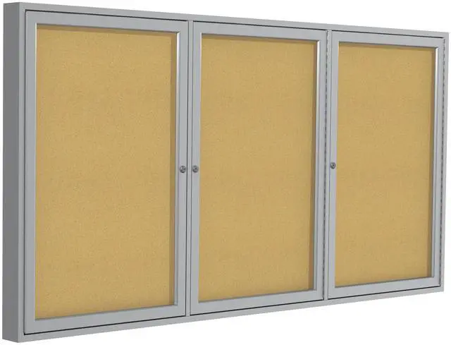 Alt view image 2 of 12 - Ghent PA34896K  3 Door Enclosed Natural Cork Bulletin Board with Satin Frame - 96" x 48" - Tan Surface, Satin Aluminum Frame