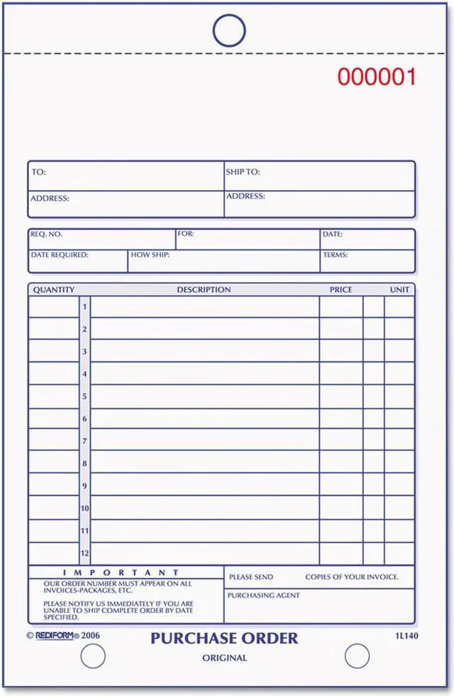 Main image of Rediform Purchase Order Book Bottom Punch 5 1/2 x 7 7/8 Two-Part Carbonless 50