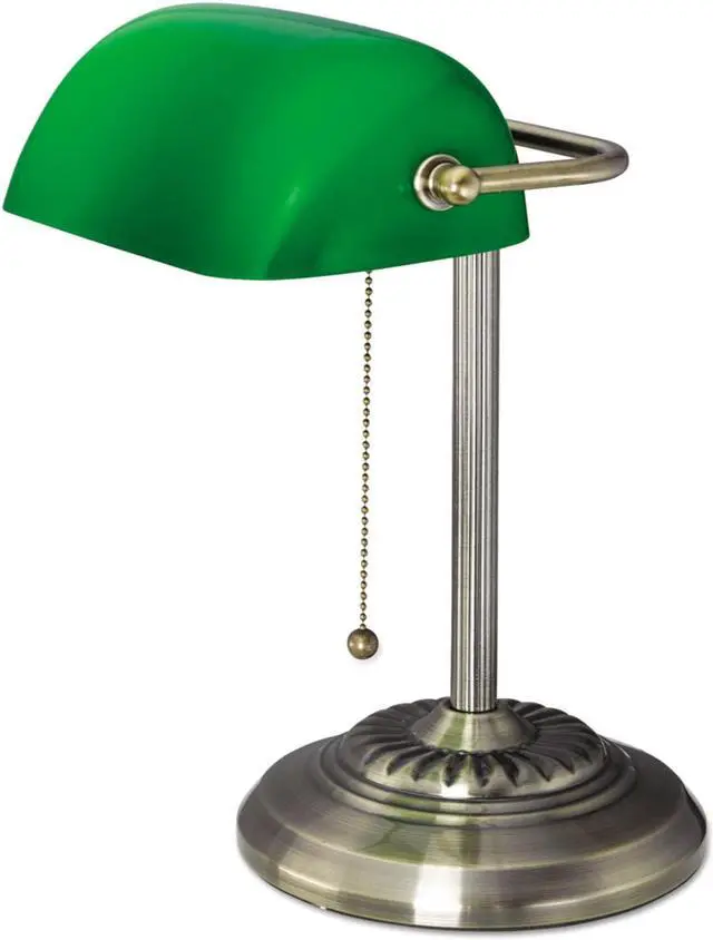 Alt view image 13 of 15 - Traditional Banker's Lamp, Green Glass Shade, Antique Brass Base, 14"h LMP557AB