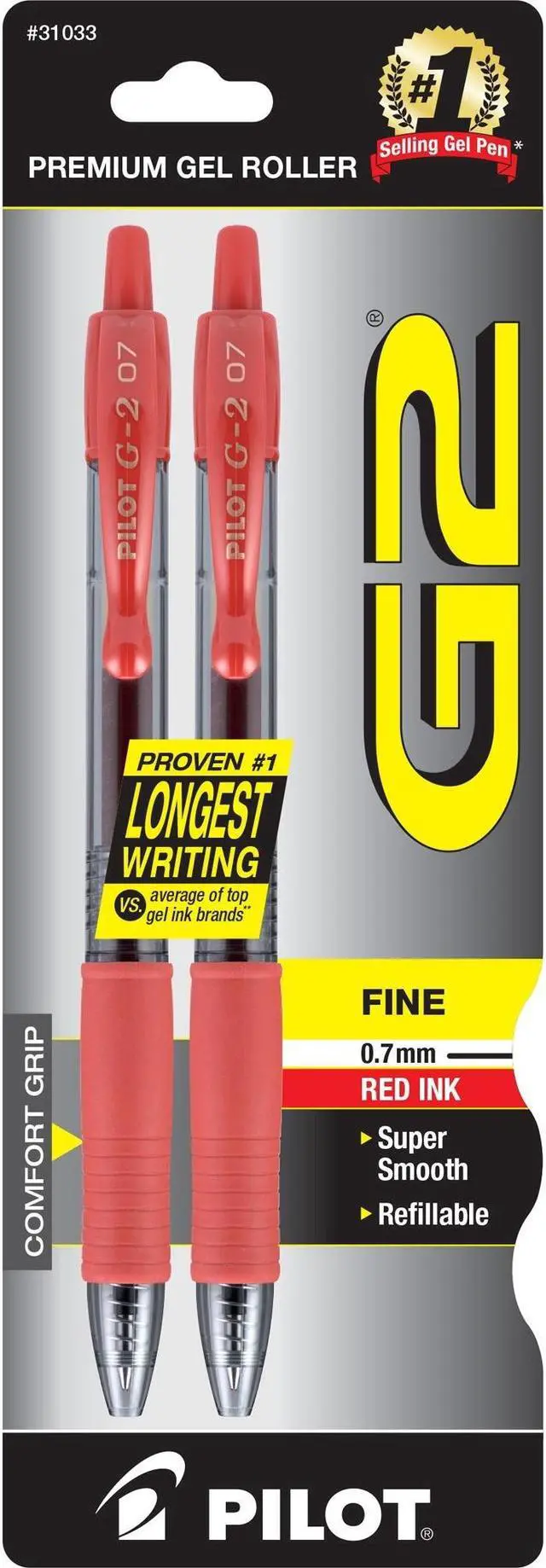 Alt view image 7 of 7 - Pilot G2 Rollerball Pen 31033, Fine Pen Point Type - 0.7 mm Pen Point Size - Point Pen Point Style - Refillable - Red Gel-based Ink - 2/Pack