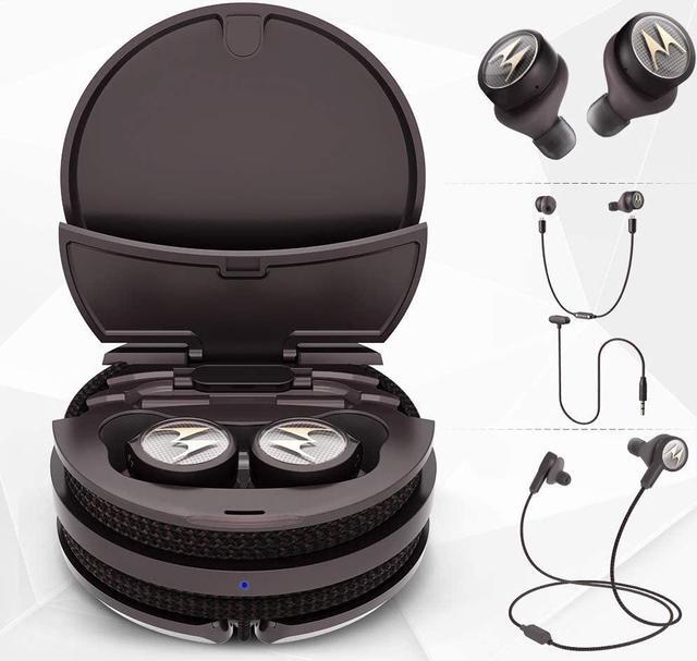 Main image of Motorola Tech 3-3-in-1 Smart True Wireless Headphones - Cordless Earbuds, Sport Wire, Audio Plug-in - IPX5, Built-in Microphone, Magnetic Charging Case with Cable Storage System