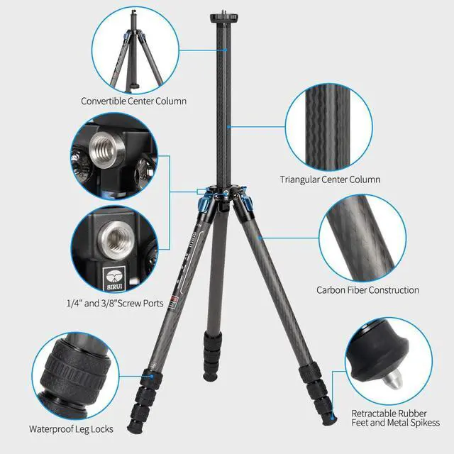 Alt view image 2 of 15 - Sirui Carbon Fiber Tripod Kits with Triangular Column 26LB Load (ST124+K10X)