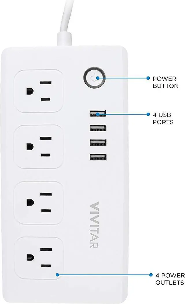 Alt view image 4 of 7 - Vivitar Smart Home Power Strip, Multi Plug with 4 USB Ports (HA-1007)