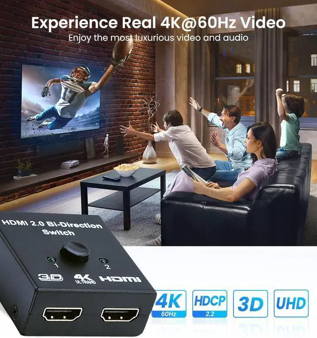 Alt view image 5 of 7 - Kirzi HDMI Switch 4K@60Hz Bi-Directional HDMI Splitter 2 in 1 Out Switcher with UHD 3D HDR, Compatible with PS5, PS4, Xbox Series X/S, Roku, Fire Stick, Black