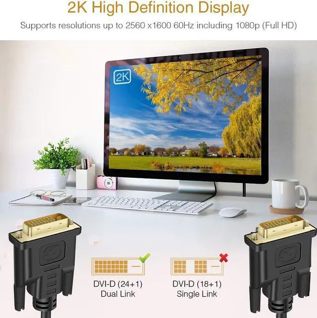 Alt view image 2 of 7 - Kirzi DVI Cable 6Feet,DVI to DVI 24+1 Male to Male Dual Link DVI-D Monitor Cable for PC HDTV Porjector 6 ft.