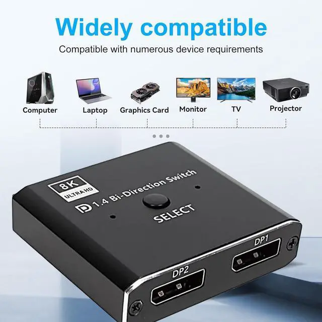 Alt view image 2 of 7 - DisplayPort Switch 8K Splitter, Plug & Play, One-Button Switching, Bidirectional Display Port Switcher Box 2 in 1 Out/ 1 in 2 Out, 8K@60Hz, 4K@120Hz, 1080P@240Hz for PC Monitor Laptop