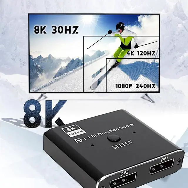 Alt view image 4 of 7 - DisplayPort Switch 8K Splitter, Plug & Play, One-Button Switching, Bidirectional Display Port Switcher Box 2 in 1 Out/ 1 in 2 Out, 8K@60Hz, 4K@120Hz, 1080P@240Hz for PC Monitor Laptop