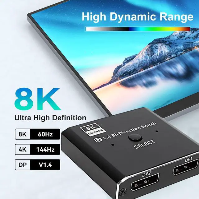 Alt view image 6 of 7 - DisplayPort Switch 8K Splitter, Plug & Play, One-Button Switching, Bidirectional Display Port Switcher Box 2 in 1 Out/ 1 in 2 Out, 8K@60Hz, 4K@120Hz, 1080P@240Hz for PC Monitor Laptop