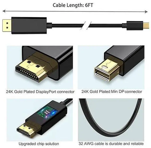 Alt view image 2 of 7 - Kirzi 4K Mini DisplayPort to HDMI Cable 6ft UHD Thunderbolt Cord Compatible with MacBook Air/Pro, Surface Pro, Monitor, TV, Projector