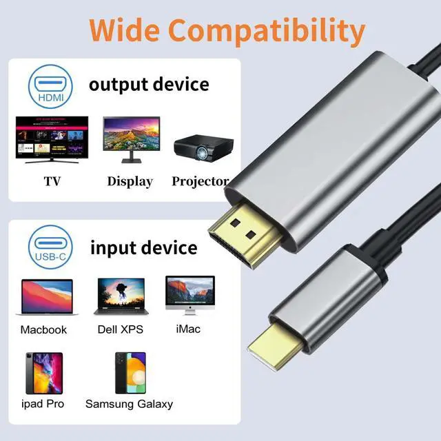 Alt view image 3 of 4 - Kirzi Premium Type C to HDMI Cable 6ft - 4K@60Hz Thunderbolt 3/4 Compatible High-Speed Connectivity