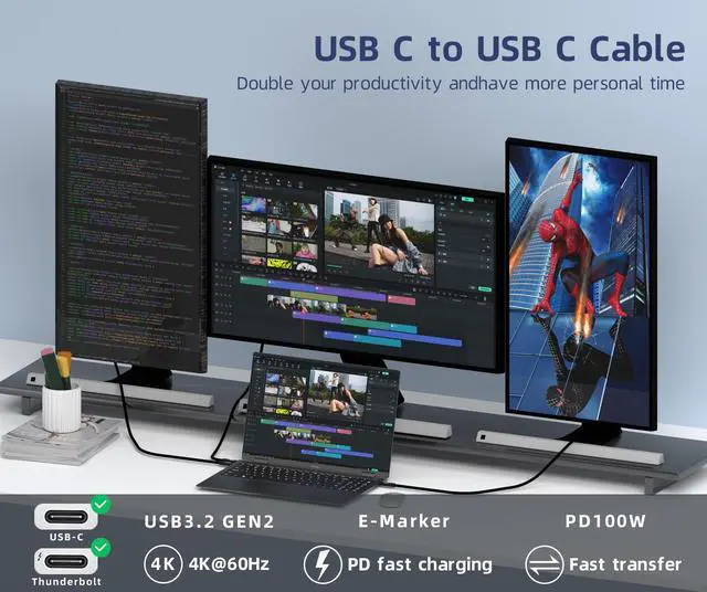 Alt view image 3 of 6 - Kirzi Ultra USB C Cable 3 FT, USB-C to C Cable, USB 3.1 Gen 2x2, Supports 4K@60Hz Video Output, 100W PD Fast Charging, 10Gbps Data Transfer, for Smartphone, Laptop, Tablet, TV, Monitor and More 3ft