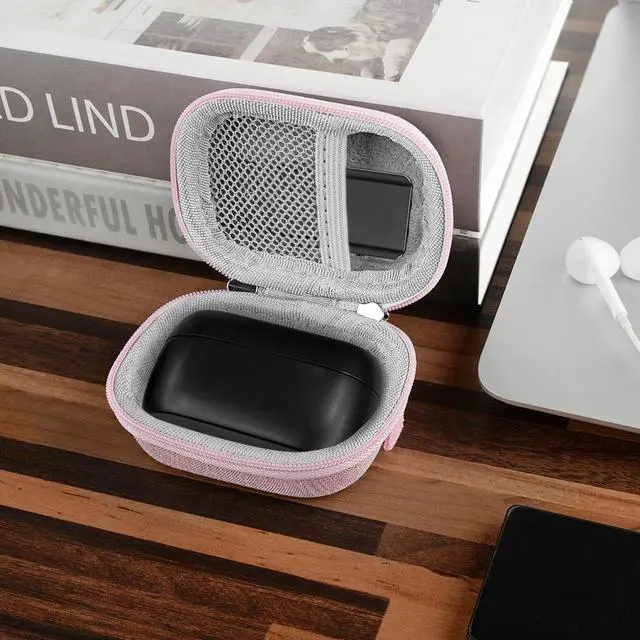 Alt view image 5 of 6 - Geekria Shield Case with Carabiner Compatible with Jabra Elite 75t, Elite 65t, TOZO T6 True Wireless Earbuds, Replacement Protective Hard Shell Travel Carrying Bag with Cable Storage (Pink)