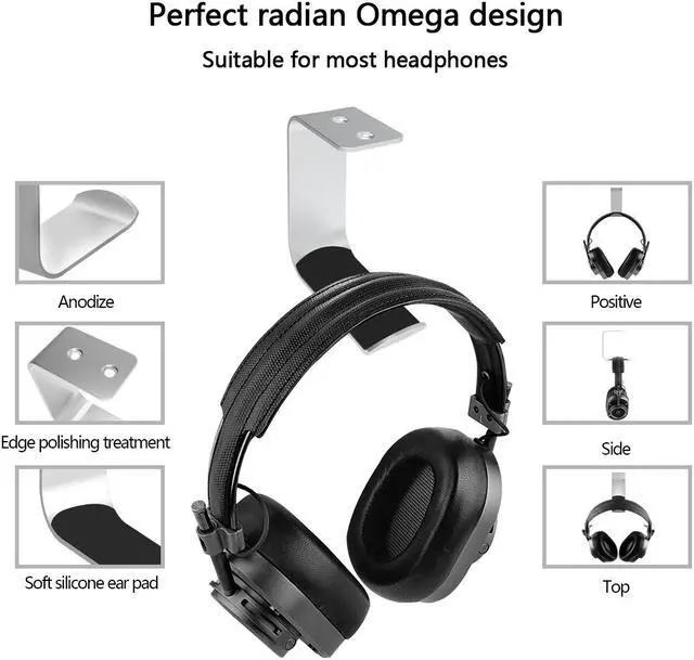 Alt view image 2 of 6 - Geekria Under-Desk Headphone Stand Mount Holder / Headsets Hanger / Gaming Headset Headphone Hook / Universal Stand for All Headphones Size (2pcs C Silver)