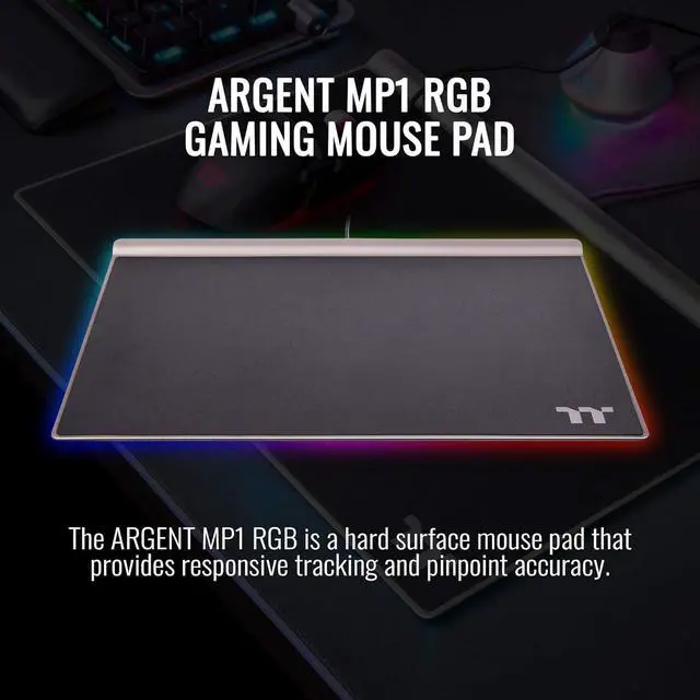 Alt view image 2 of 6 - Thermaltake Argent MP1 RGB 16.8 Million Color Software Enabled, Hard Surface, Aluminum Top Plate, and Non-Slip Rubber Base 359mm x 254mm x 10mm Gaming Mouse Pad GMP-MP1-BLKHMC-01