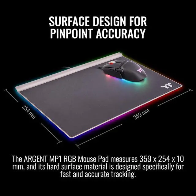 Alt view image 5 of 6 - Thermaltake Argent MP1 RGB 16.8 Million Color Software Enabled, Hard Surface, Aluminum Top Plate, and Non-Slip Rubber Base 359mm x 254mm x 10mm Gaming Mouse Pad GMP-MP1-BLKHMC-01