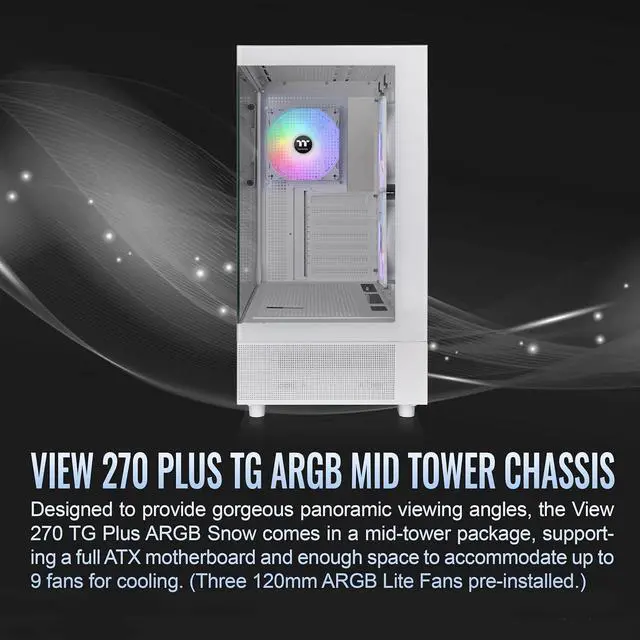 Alt view image 6 of 7 - Thermaltake View 270 Plus TG ARGB Snow Mid Tower E-ATX Case 3x120mm ARGB Fans Included Support Up to 360mm Radiator Front & Side Dual Tempered Glass Panel CA-1Y7-00M6WN-01