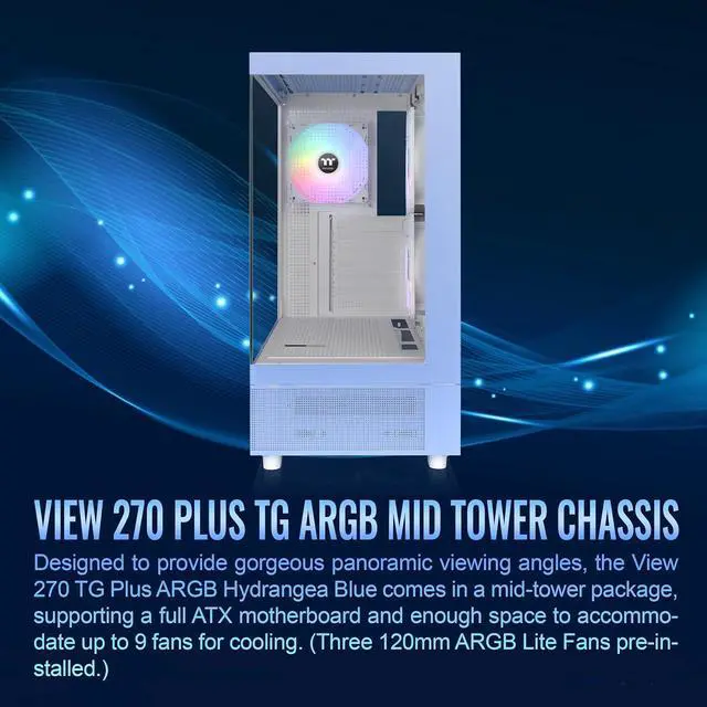 Alt view image 4 of 18 - Thermaltake View 270 Plus TG ARGB Hydrangea Blue Mid Tower E-ATX Case 3x120mm ARGB Fans Included; Support Up to 360mm Radiator Front & Side Dual Tempered Glass Panel CA-1Y7-00MFWN-01