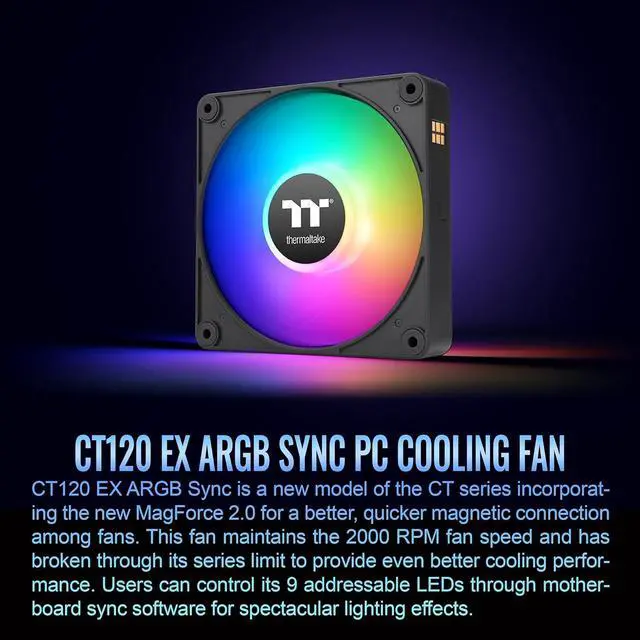 Alt view image 4 of 7 - Thermaltake CT120 EX ARGB Sync PC Cooling Fan (3-Fan Pack), Magnetic Connection, 5V Motherboard Sync, 16.8 Million Colors 9 Addressable LEDs, 120 mm Case/Radiator Fan, CL-F181-PL12SW-A