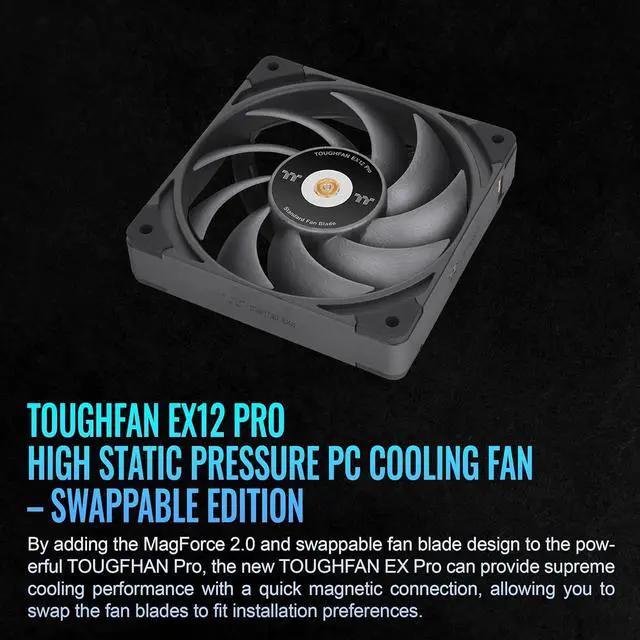 Alt view image 2 of 6 - Thermaltake TOUGHFAN EX12 Pro PC Cooling Fan, Magnetic Connection, Swappable Fan Blade, PWM Controlled 500~2000 RPM, Air Flow 70.8 CFM, 120mm Case/Radiator Fan (3 Pack) CL-F171-PL12BL-A