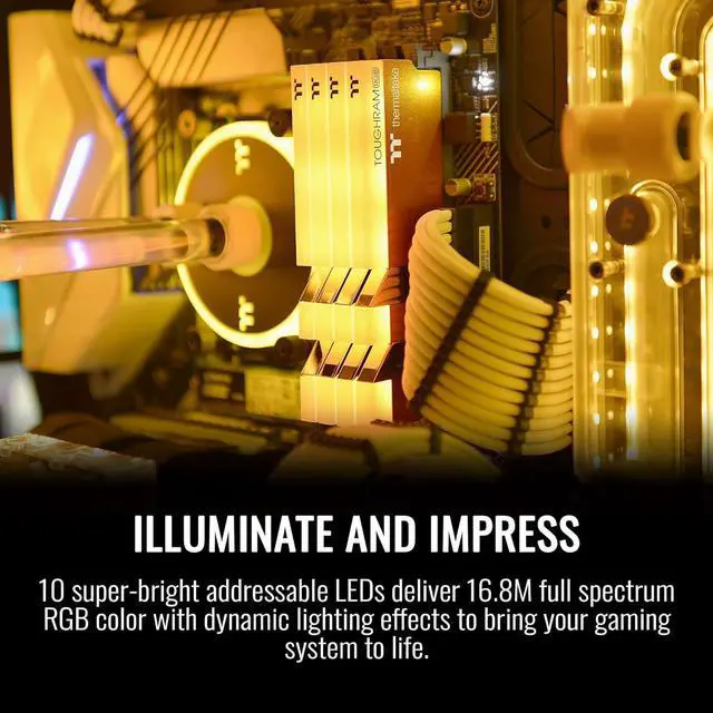 Alt view image 4 of 5 - Thermaltake TOUGHRAM RGB DDR4 3600MHz 16GB (8GB x 2) 16.8 Million Color RGB Alexa/Razer Chroma/5V Motherboard Syncable RGB Memory- Metallic Gold RG26D408GX2-3600C18A