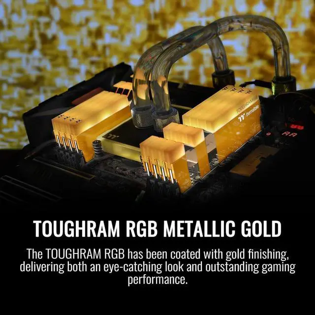 Alt view image 2 of 5 - Thermaltake TOUGHRAM RGB DDR4 3600MHz 16GB (8GB x 2) 16.8 Million Color RGB Alexa/Razer Chroma/5V Motherboard Syncable RGB Memory- Metallic Gold RG26D408GX2-3600C18A