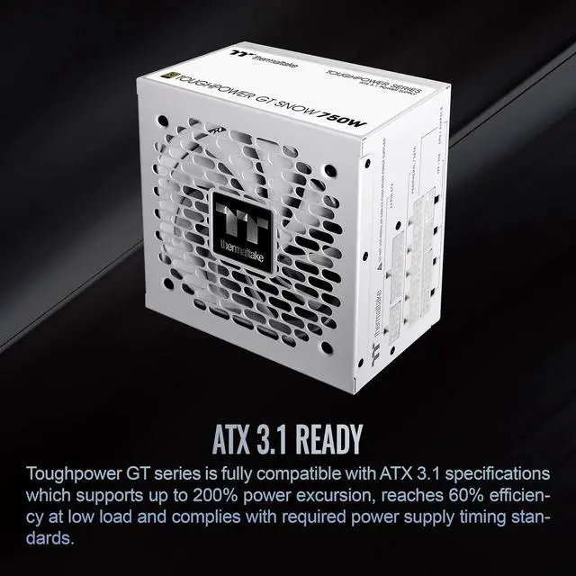 Alt view image 2 of 6 - Thermaltake Toughpower GT 750W Snow ATX 3.1 Power Supply 80 Plus Gold Efficiency Smart Zero Fan Native 600W PCIe 5.1 Connector PS-TPT-0750FNFAGU-W