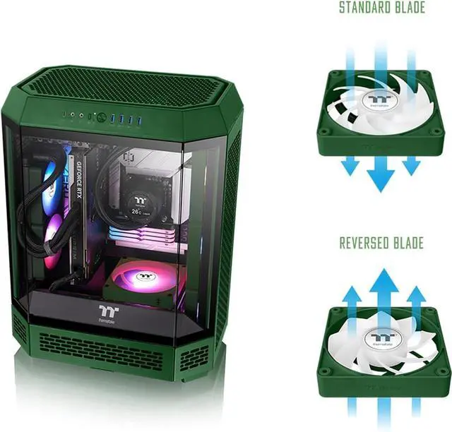 Alt view image 6 of 16 - Thermaltake CT140 EX Reverse ARGB Sync PC Cooling Fan 3 Pack, 500~1800 RPM, 5V Mobo Sync, 16.8 Million Colors 9 LEDs, MagForce 2.0 Connectors, Hydraulic Bearing, Racing Green, CL-F230-PL14RG-A