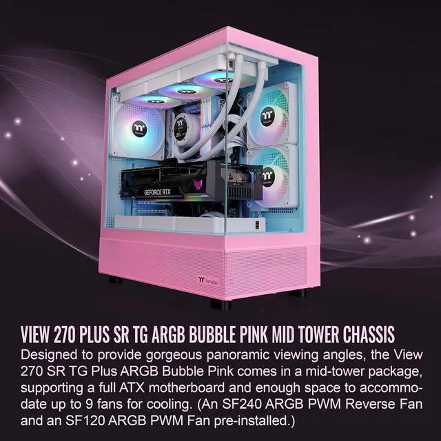 Alt view image 2 of 6 - Thermaltake View 270 Plus SR TG ARGB; Mid Tower Chassis; 1xSF240 ARGB PWM Reverse Fan 1xSF120 ARGB PWM Fan; 360mm Radiator Support; 420mm GPU Clearance; Bubble Pink; CA-1Y7-00MAWN-06