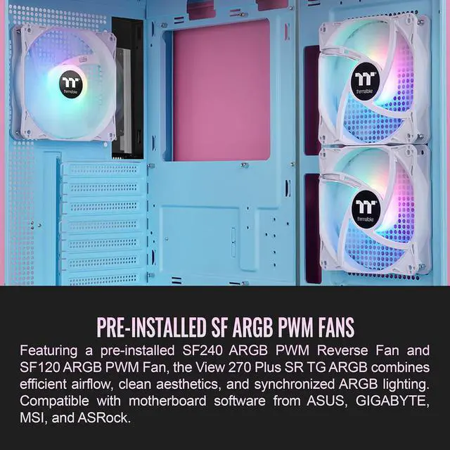 Alt view image 4 of 6 - Thermaltake View 270 Plus SR TG ARGB; Mid Tower Chassis; 1xSF240 ARGB PWM Reverse Fan 1xSF120 ARGB PWM Fan; 360mm Radiator Support; 420mm GPU Clearance; Bubble Pink; CA-1Y7-00MAWN-06