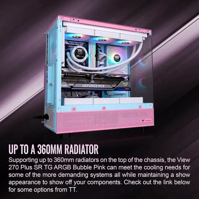 Alt view image 3 of 6 - Thermaltake View 270 Plus SR TG ARGB; Mid Tower Chassis; 1xSF240 ARGB PWM Reverse Fan 1xSF120 ARGB PWM Fan; 360mm Radiator Support; 420mm GPU Clearance; Bubble Pink; CA-1Y7-00MAWN-06