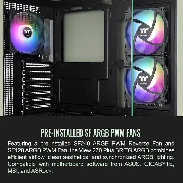 Alt view image 2 of 6 - Thermaltake View 270 Plus SR TG ARGB; Mid Tower Chassis; 1xSF240 ARGB PWM Reverse Fan 1xSF120 ARGB PWM Fan; 360mm Radiator Support; 420mm GPU Clearance; Matcha Green; CA-1Y7-00MEWN-06