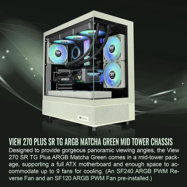 Alt view image 5 of 6 - Thermaltake View 270 Plus SR TG ARGB; Mid Tower Chassis; 1xSF240 ARGB PWM Reverse Fan 1xSF120 ARGB PWM Fan; 360mm Radiator Support; 420mm GPU Clearance; Matcha Green; CA-1Y7-00MEWN-06