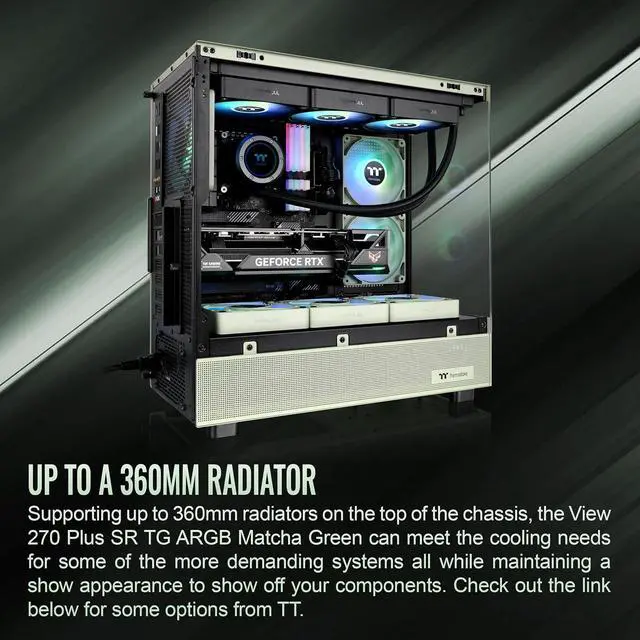 Alt view image 3 of 6 - Thermaltake View 270 Plus SR TG ARGB; Mid Tower Chassis; 1xSF240 ARGB PWM Reverse Fan 1xSF120 ARGB PWM Fan; 360mm Radiator Support; 420mm GPU Clearance; Matcha Green; CA-1Y7-00MEWN-06
