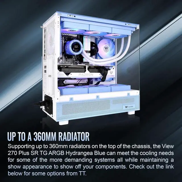 Alt view image 2 of 6 - Thermaltake View 270 Plus SR TG ARGB; Mid Tower Chassis; 1xSF240 ARGB PWM Reverse Fan 1xSF120 ARGB PWM Fan; 360mm Radiator Support; 420mm GPU Clearance; Hydrangea Blue; CA-1Y7-00MFWN-06