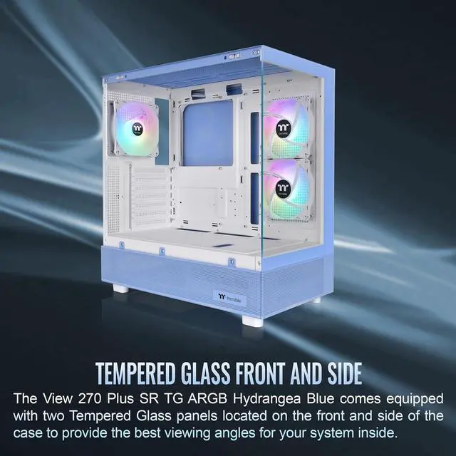 Alt view image 3 of 6 - Thermaltake View 270 Plus SR TG ARGB; Mid Tower Chassis; 1xSF240 ARGB PWM Reverse Fan 1xSF120 ARGB PWM Fan; 360mm Radiator Support; 420mm GPU Clearance; Hydrangea Blue; CA-1Y7-00MFWN-06