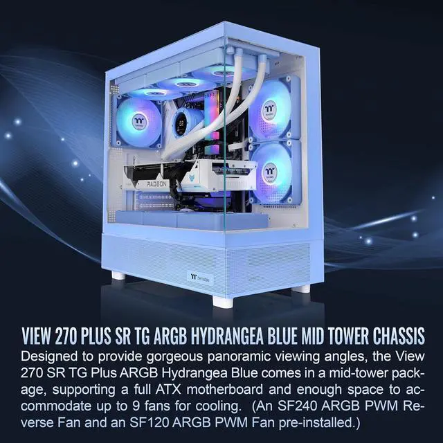 Alt view image 6 of 6 - Thermaltake View 270 Plus SR TG ARGB; Mid Tower Chassis; 1xSF240 ARGB PWM Reverse Fan 1xSF120 ARGB PWM Fan; 360mm Radiator Support; 420mm GPU Clearance; Hydrangea Blue; CA-1Y7-00MFWN-06