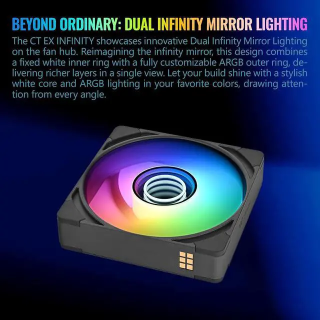 Alt view image 4 of 6 - Thermaltake CT140 EX Infinity ARGB Sync 3 Pack; Infinity Mirror Hub; 140mm x 28mm; PWM 500~1800 RPM; MagForce 2.0; 5V 3-Pin Motherboard Sync; 3-Pack; Black; CL-F242-PL14SW-A