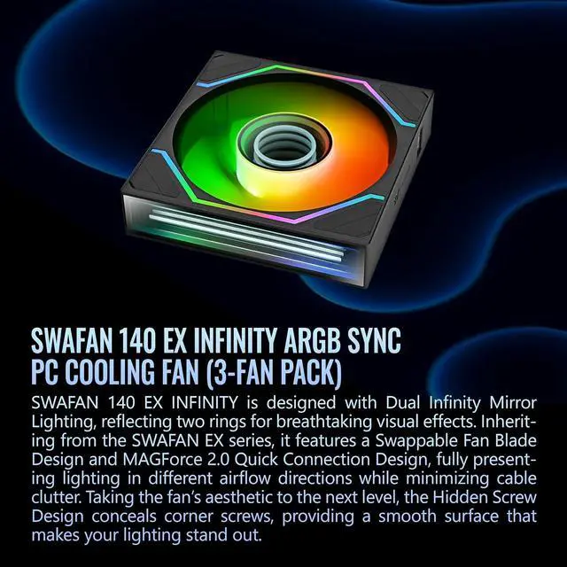 Alt view image 7 of 7 - Thermaltake SWAFAN 140 EX Infinity ARGB Sync; Infinity Mirror Hub; Infinity Mirror Frame; PWM 500~1800 RPM; MagForce 2.0; Swappable Blades; 5V 3-Pin Motherboard Sync; 3-Pack; Black; CL-F246-PL14SW-A