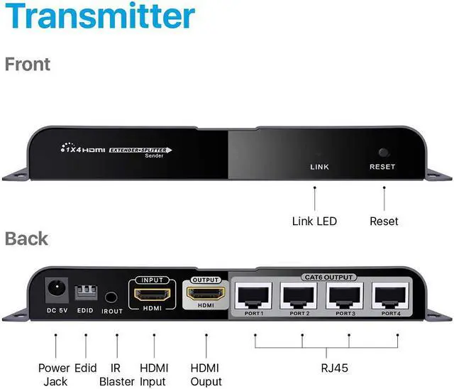 Alt view image 5 of 7 - Up to 40m, LKV714Pro 1x4 HDMI Splitter Extender Device 1080P@60HZ Over CAT6/6A/7/8 Enternet Cable, Transmission up to 131ft with Loop-Out Local Display,Support IR Remote Control,EDID Function