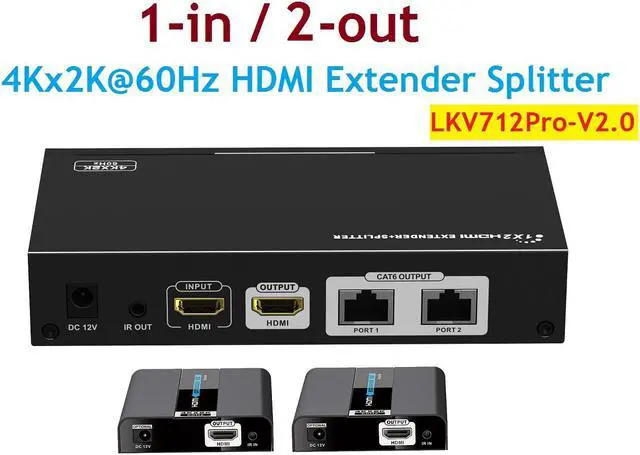 Main image of Up to 30m/100Ft, 4Kx2K@60Hz LKV712Pro-V2.0 1x2 HDMI Extender Splitter Converter With HDMI Loop-out Over CAT6/6a/7 With IR Remote