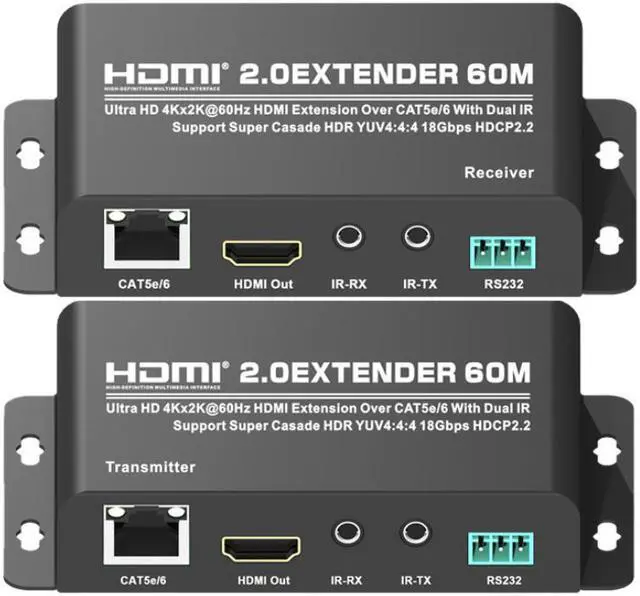 Alt view image 3 of 7 - Up to 60m / 197Ft, Utra HD 4Kx2K@60Hz HDMI Extension Over IP Cat5e/6 with Dual IR Support Super Cascade HDR YUV4:4:4 18Gbps HDCP2.2  HDMI2.0 Extender Converter Transmitter