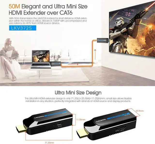 Alt view image 6 of 7 - Up to 50m, Extend LKV372S Mini HDMI Extender No Need HDMI Cables 1080P HDMI Extender Transmits Over Single CAT6/CAT6A/CAT7 Up to 164ft HDCP1.2